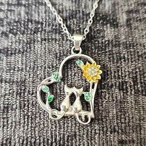 Cats Cuddling  Heart Sunflower Necklace